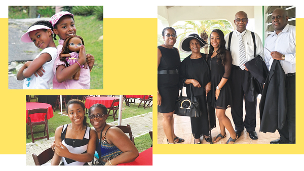 Shayy with her younger sister Lauryn (left), her mother Sandra (below), and with family members at a funeral on the Caribbean island of Antigua, where she sang to honor her great-grandfather.