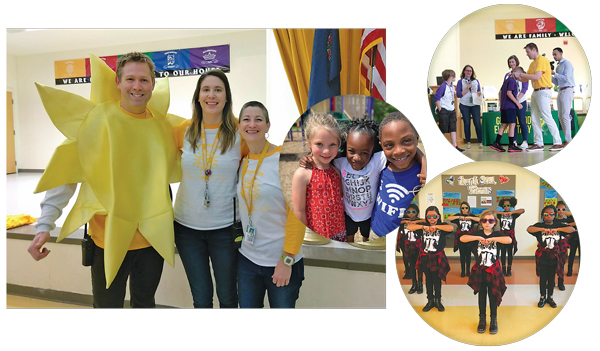 Principal Ryan Stein and Greenwood Elementary School teaching team members are dressed in yellow for the house of Sol in the Glen Allen school’s house system.