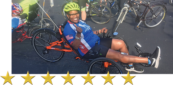 Retired Army Sergeant First Class Pamela Travis enjoys recumbent bike-riding and plays tennis. The 23-year Army veteran is a mom and grandmother.