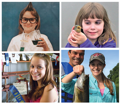 (clockwise from top-left) Camille entered science early. Learning science through nature. Camille still loves fishing with her dad. A blue ribbon for homemade preserves!